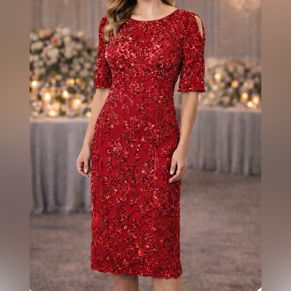 Alex Evenings Red Floral Sequin Cocktail Dress